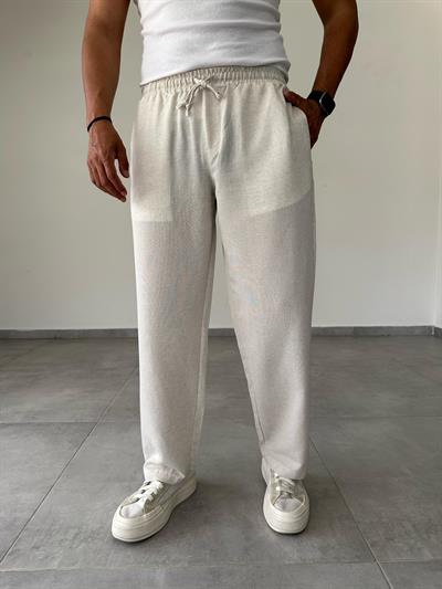 Krem Renk Relax Fit Baggy Keten Pantolon
