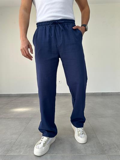 Lacivert Renk Bel Kısmı Lastikli Baggy Keten Pantolon