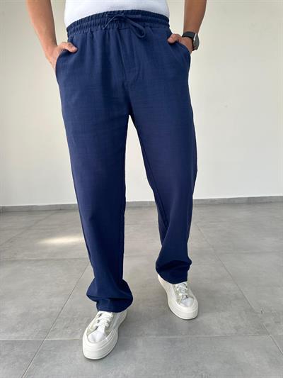Lacivert Renk Bel Kısmı Lastikli Baggy Keten Pantolon