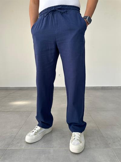 Lacivert Renk Bel Kısmı Lastikli Baggy Keten Pantolon