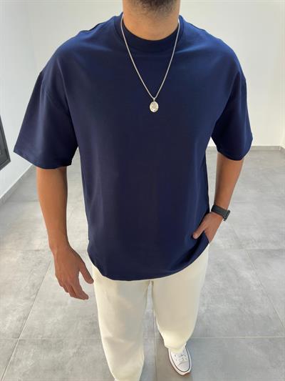Lacivert Renk Bisiklet Yaka Oversize T-Shirt