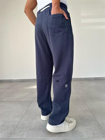 Lacivert Renk Nakış Detaylı Ham Keten Baggy Pantolon