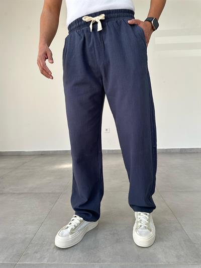 Lacivert Renk Nakış Detaylı Ham Keten Baggy Pantolon