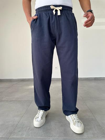 Lacivert Renk Nakış Detaylı Ham Keten Baggy Pantolon