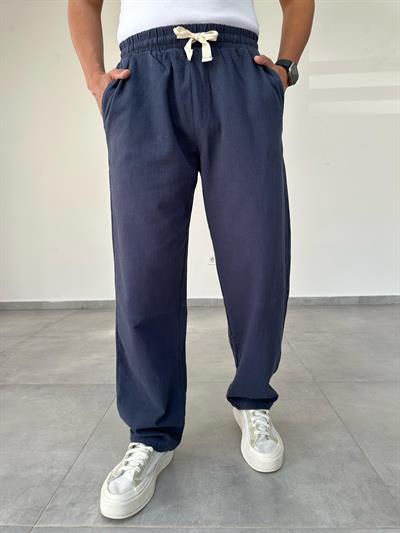 Lacivert Renk Nakış Detaylı Ham Keten Baggy Pantolon