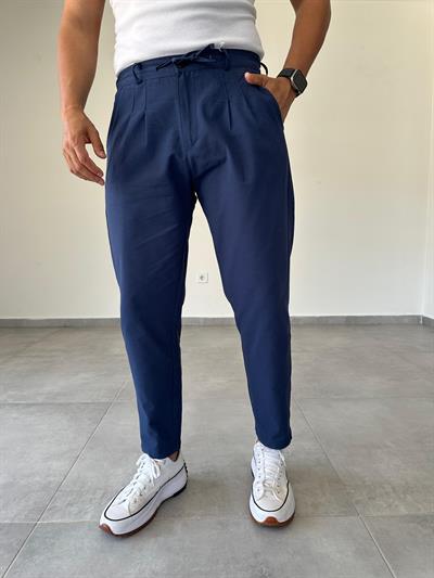 Lacivert Renk Ön Kısmı Pile Detaylı Boyfriend Kesim Keten Pantolon