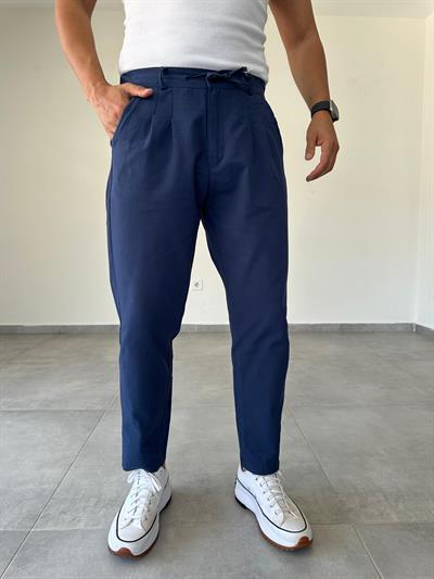 Lacivert Renk Ön Kısmı Pile Detaylı Boyfriend Kesim Keten Pantolon