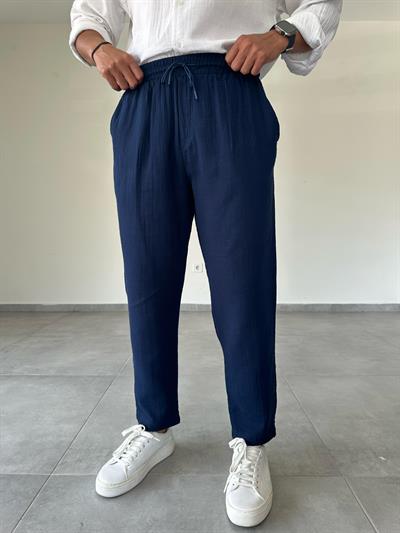 Lacivert Renk Relax Fit Müslin Keten Pantolon