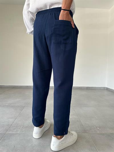 Lacivert Renk Relax Fit Müslin Keten Pantolon