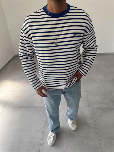 Lacivert Renk Royal Club Nakışlı Çizgili Sweatshirt