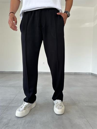 Modal Kumaş Ön Kısmı Çımalı Siyah Renk Baggy Pantolon