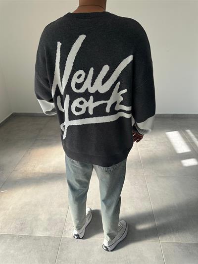 New York Baskılı Gri Renk Oversize Örme Triko