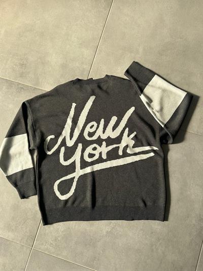 New York Baskılı Gri Renk Oversize Örme Triko