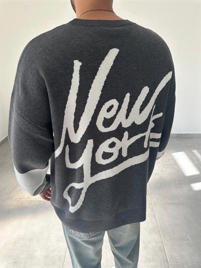 New York Baskılı Gri Renk Oversize Örme Triko
