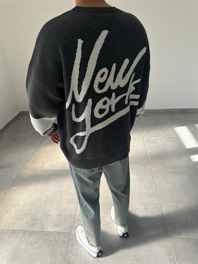 New York Baskılı Gri Renk Oversize Örme Triko
