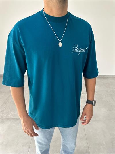 Petrol Yeşili Respective Baskılı Oversize T-Shirt