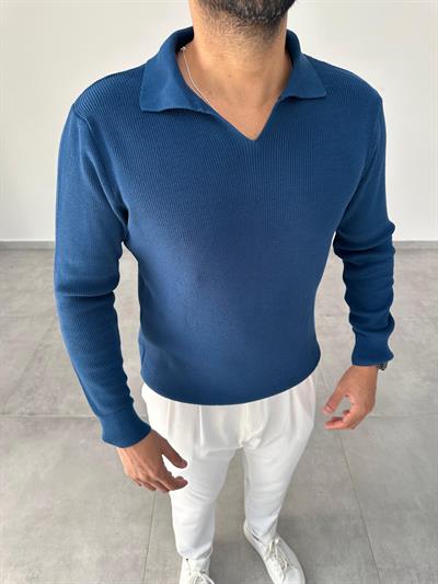 Polo Yaka İndigo Mavi Renk  Örme Triko