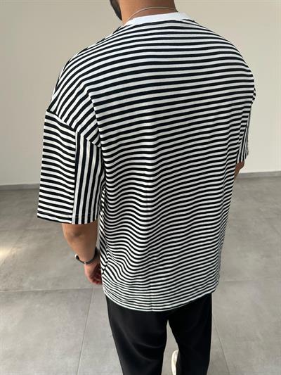 Siyah Beyaz Çizgili Je Suis Libere Nakış Detaylı T-Shirt