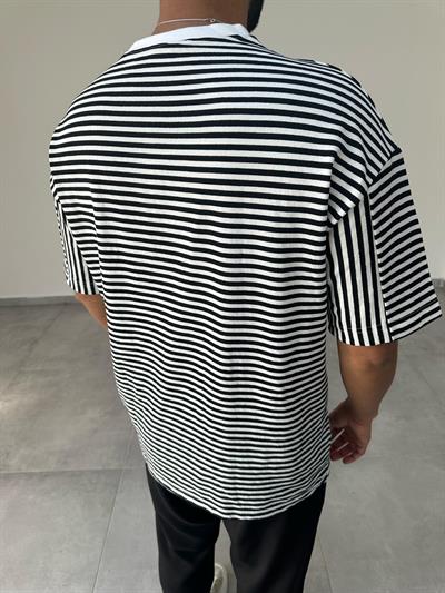 Siyah Beyaz Çizgili Je Suis Libere Nakış Detaylı T-Shirt