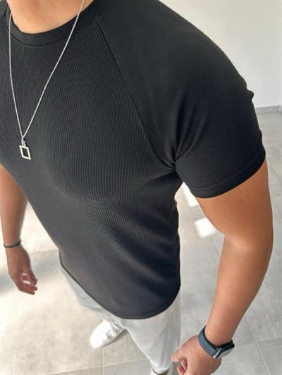 Siyah Renk Reglan Kol Waffle Kumaş T-Shirt