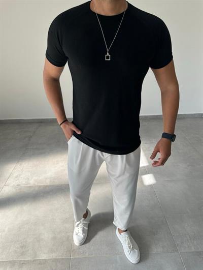 Siyah Renk Reglan Kol Waffle Kumaş T-Shirt