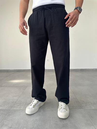 Siyah Renk Bel Kısmı Lastikli Baggy Keten Pantolon