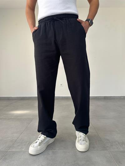 Siyah Renk Bel Kısmı Lastikli Baggy Keten Pantolon