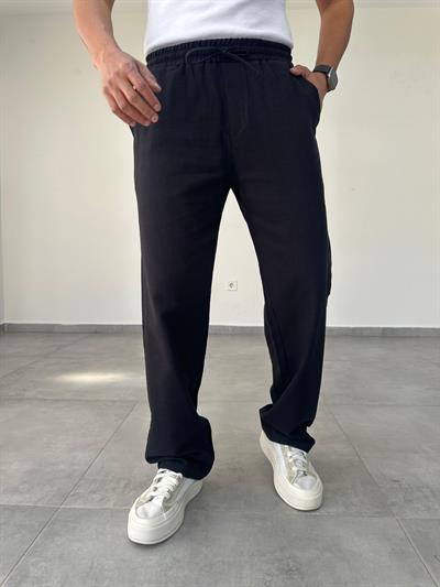 Siyah Renk Bel Kısmı Lastikli Baggy Keten Pantolon