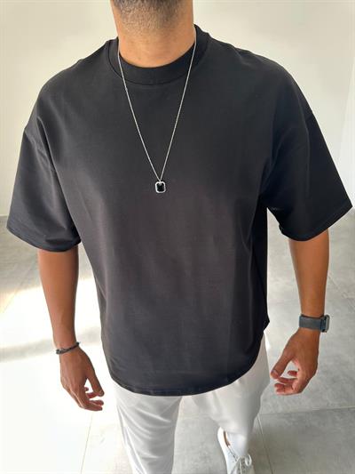 Siyah Renk Bisiklet Yaka Oversize T-Shirt