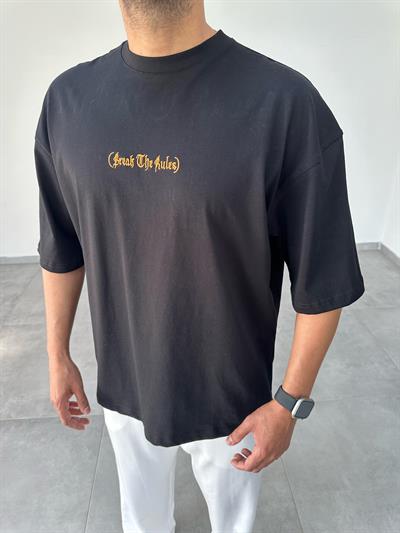 Siyah Renk Break The Rules Nakış Ve Pantch Detaylı Oversize T-Shirt