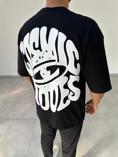 Siyah Renk Cosmic Baskılı Oversize T-Shirt