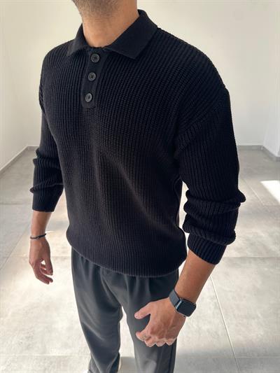 Siyah Renk Düğmeli Polo Yaka Oversize Örme Kazak