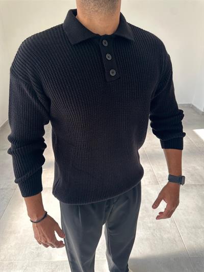 Siyah Renk Düğmeli Polo Yaka Oversize Örme Kazak