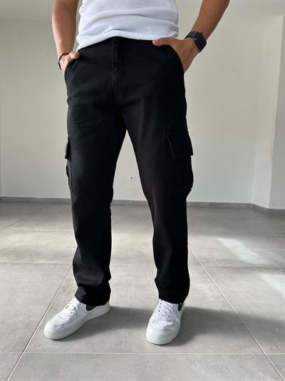 Siyah Renk Gabardin Kargo  Baggy Pantolon