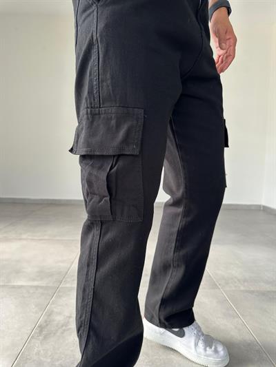 Siyah Renk Gabardin Kargo  Baggy Pantolon