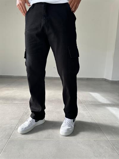 Siyah Renk Gabardin Kargo  Baggy Pantolon