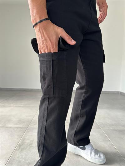 Siyah Renk Gabardin Kargo  Baggy Pantolon