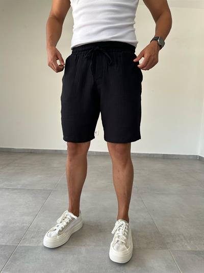 Siyah Renk Müslin Kumaş Relax Fit Basic Şort