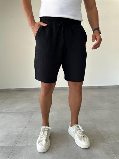 Siyah Renk Müslin Kumaş Relax Fit Basic Şort