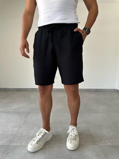 Siyah Renk Müslin Kumaş Relax Fit Basic Şort