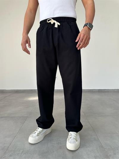 Siyah Renk Nakış Detaylı Ham Keten Baggy Pantolon