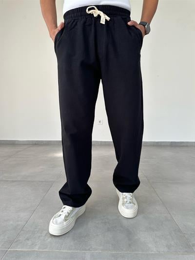 Siyah Renk Nakış Detaylı Ham Keten Baggy Pantolon