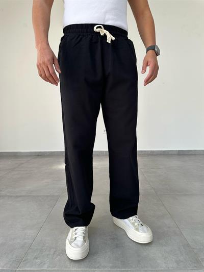 Siyah Renk Nakış Detaylı Ham Keten Baggy Pantolon