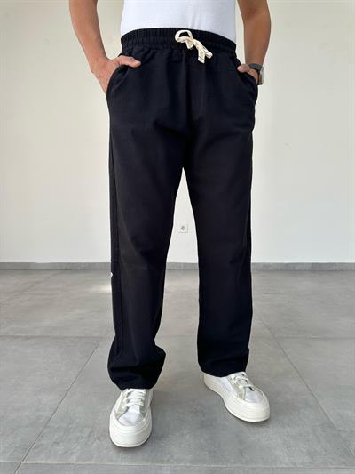 Siyah Renk Nakış Detaylı Ham Keten Baggy Pantolon