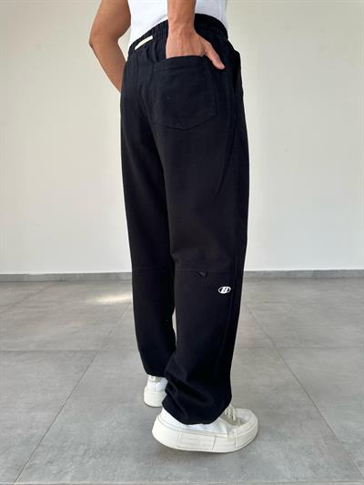 Siyah Renk Nakış Detaylı Ham Keten Baggy Pantolon