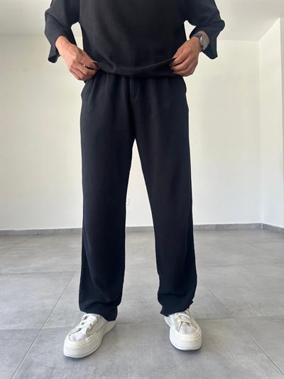 Siyah Renk Ön Kısmı Pileli Ham Keten Baggy Kesim Pantolon