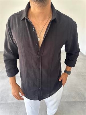 Siyah Renk Örgü Desenli Oversize Keten Gömlek