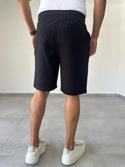 Siyah Renk Relax Fit Kesim Flamlı Keten Şort