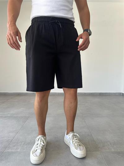 Siyah Renk Relax Fit Kesim Flamlı Keten Şort
