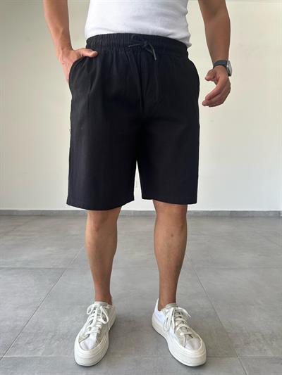 Siyah Renk Relax Fit Kesim Flamlı Keten Şort